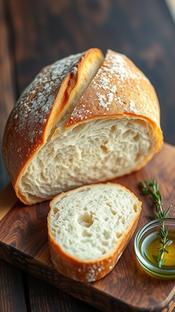 Artisan loaf of bread made with 00 flour on a wooden board with slices and olive oil.